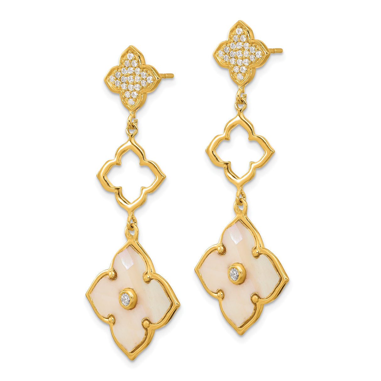 Sterling Silver Dangle Earrings with Mother of Pearl and Cubic Zirconia, Quatrefoil Design