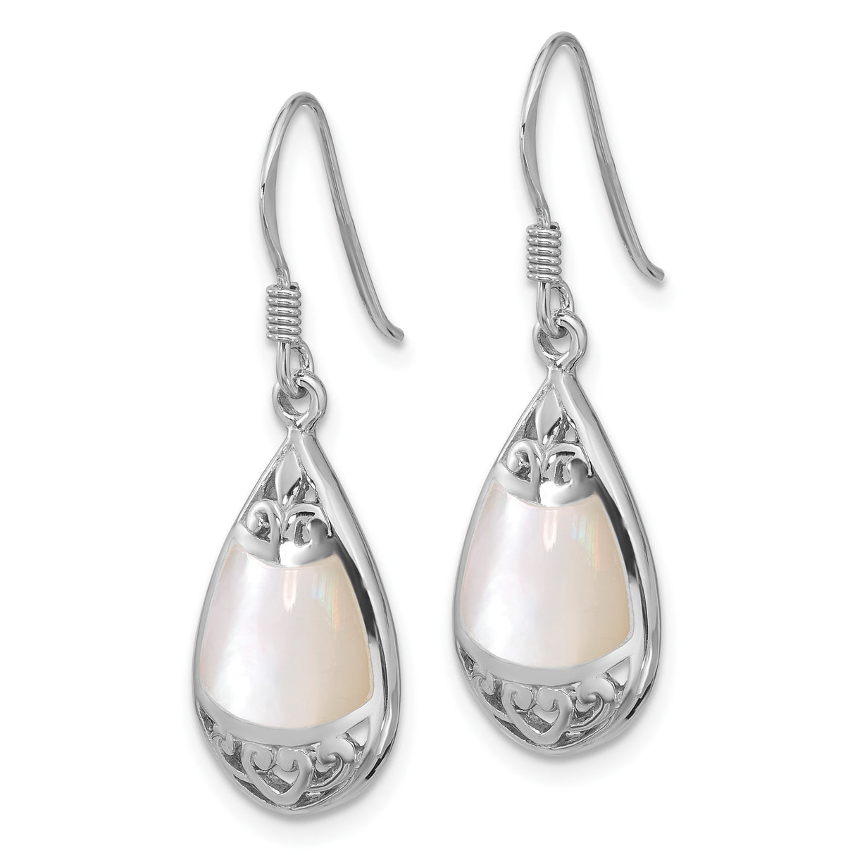 Sterling Silver Teardrop Dangle Earrings with Mother of Pearl Inlay, Filigree and Heart Motif