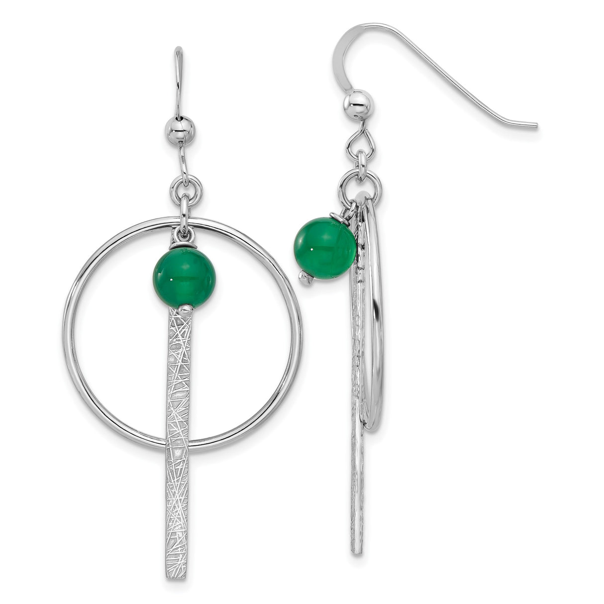 Sterling Silver Dangle Earrings with Onyx, Green Bead Accents, Geometric Drop Design