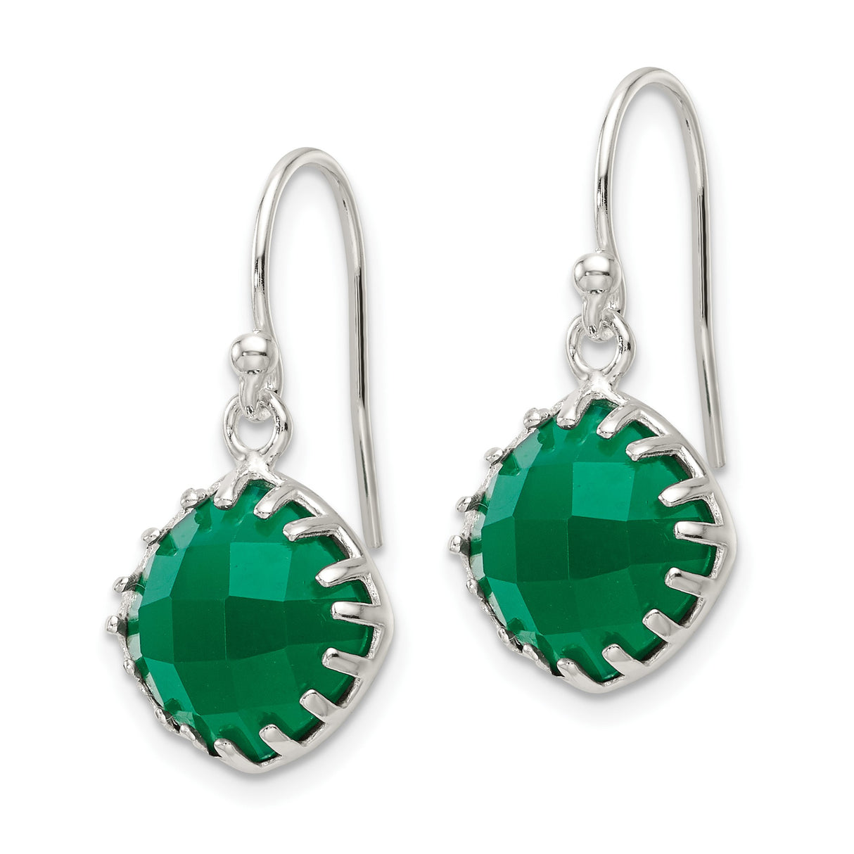 Sterling Silver Dangle Earrings with Faceted Green Onyx, Cushion Cut Drop Design