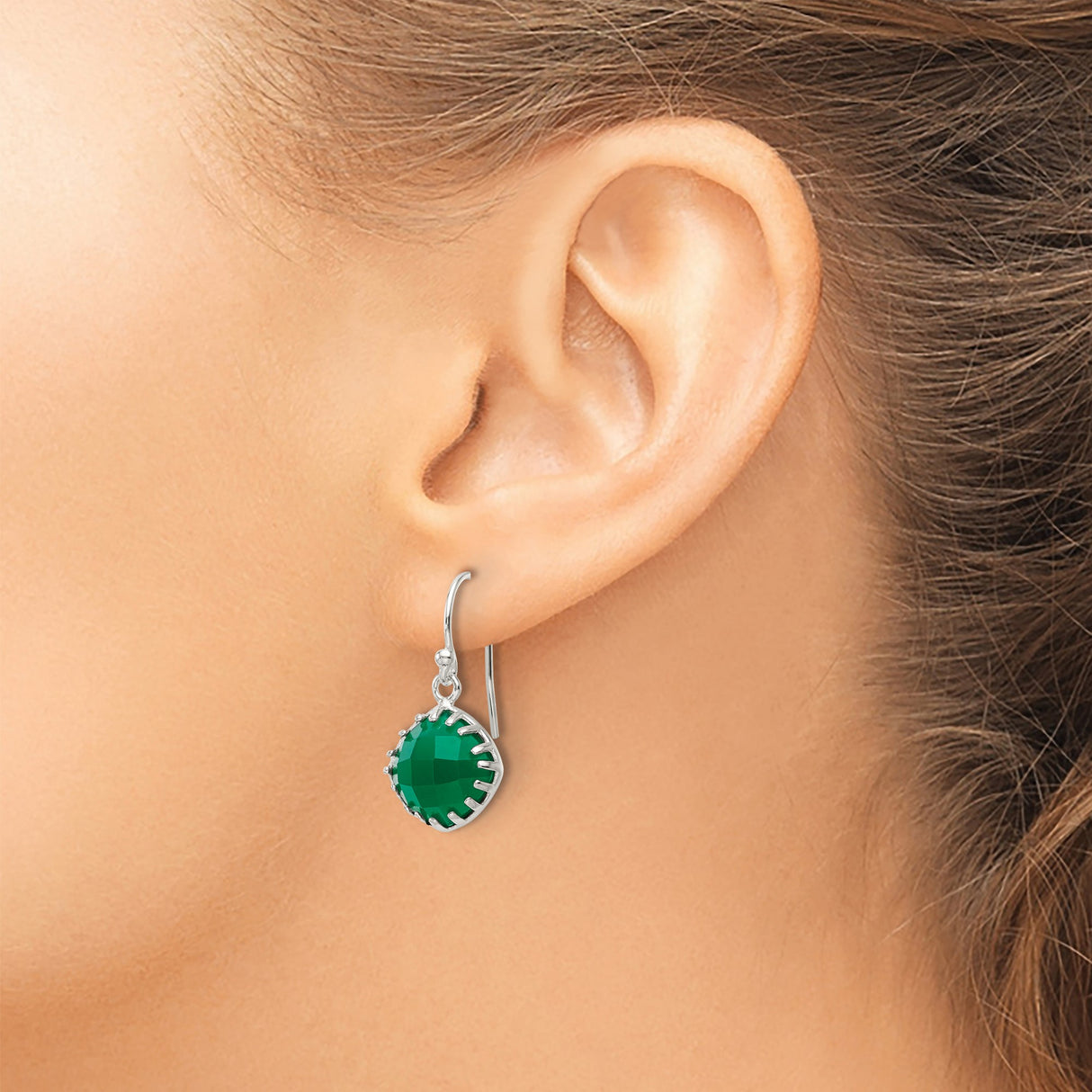 Sterling Silver Dangle Earrings with Faceted Green Onyx, Cushion Cut Drop Design