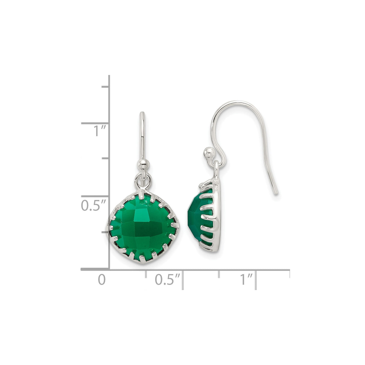 Sterling Silver Dangle Earrings with Faceted Green Onyx, Cushion Cut Drop Design
