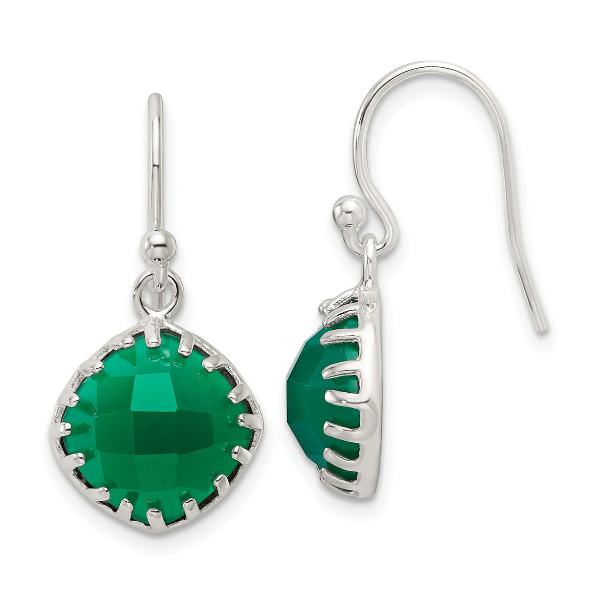 Sterling Silver Dangle Earrings with Faceted Green Onyx, Cushion Cut Drop Design