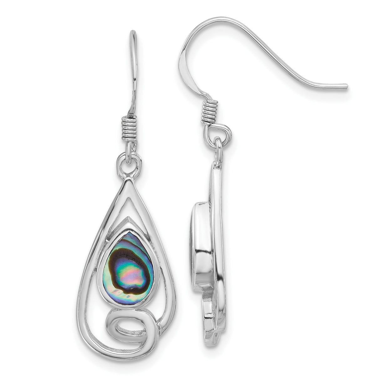 Sterling Silver Dangle Earrings with Abalone Shell, Teardrop Swirl Design, Bohemian Ocean Style