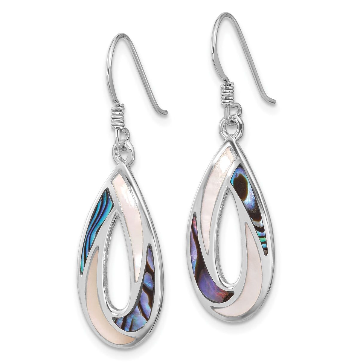 Sterling Silver Teardrop Dangle Earrings with Mother of Pearl and Abalone, Swirl Design