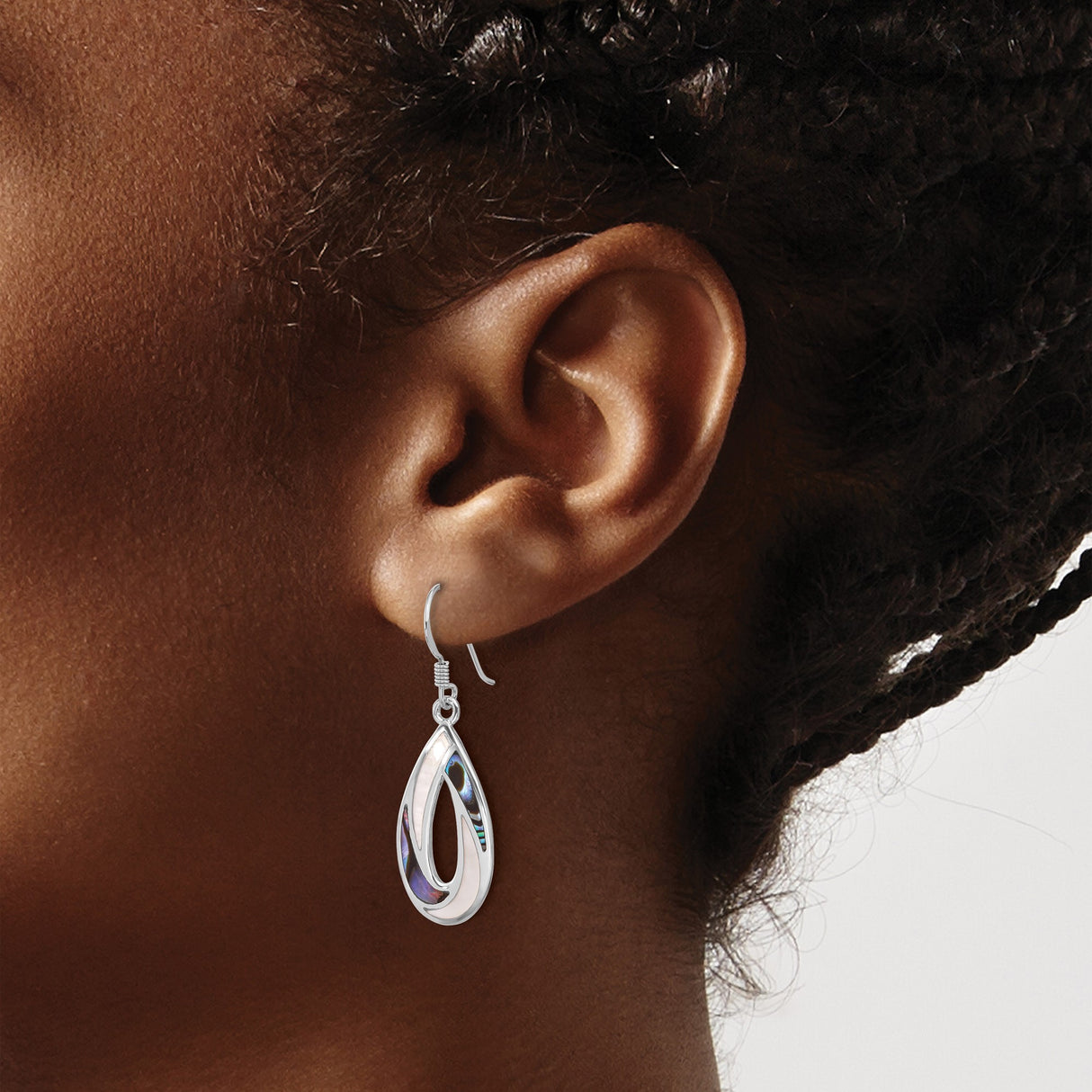 Sterling Silver Teardrop Dangle Earrings with Mother of Pearl and Abalone, Swirl Design