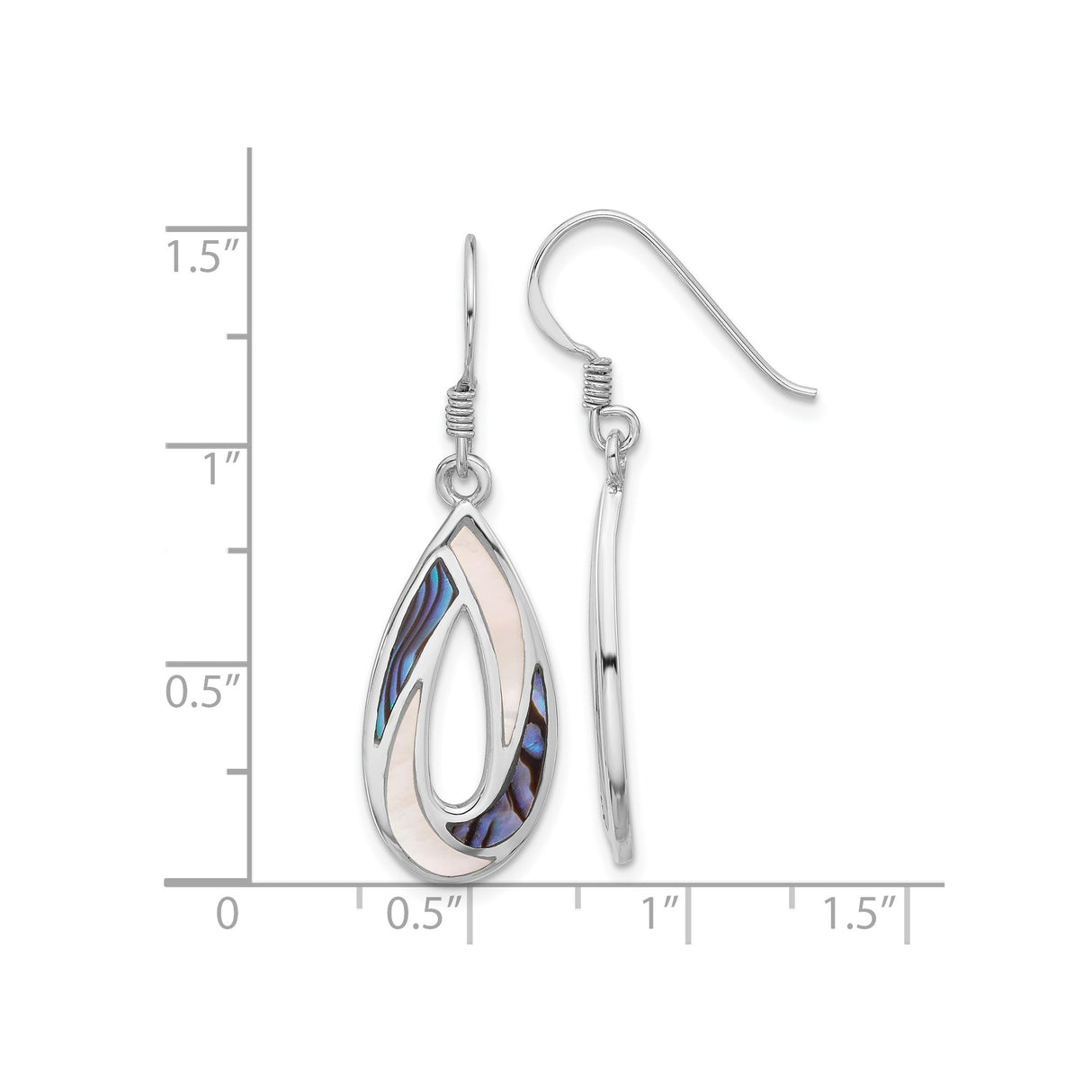 Sterling Silver Teardrop Dangle Earrings with Mother of Pearl and Abalone, Swirl Design