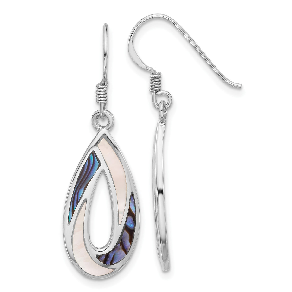 Sterling Silver Teardrop Dangle Earrings with Mother of Pearl and Abalone, Swirl Design