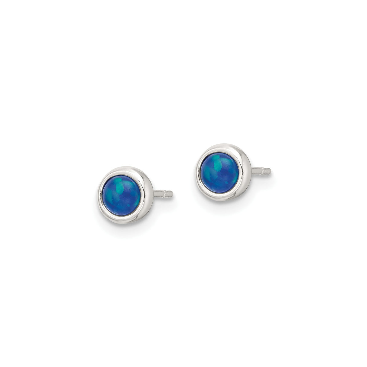 Sterling Silver Stud Earrings with Blue Opal, Round Bezel Setting, Minimalist Design