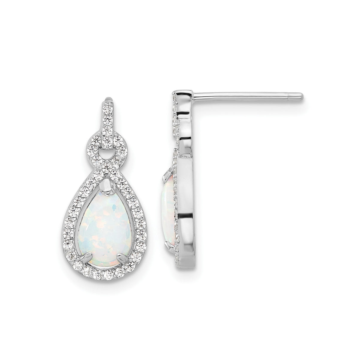 Sterling Silver Drop Earrings with Teardrop Created Opal and Cubic Zirconia Halo