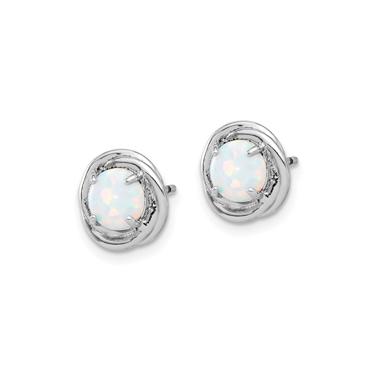 Sterling Silver Opal Stud Earrings with Round White Gemstone in Twisted Bezel Setting