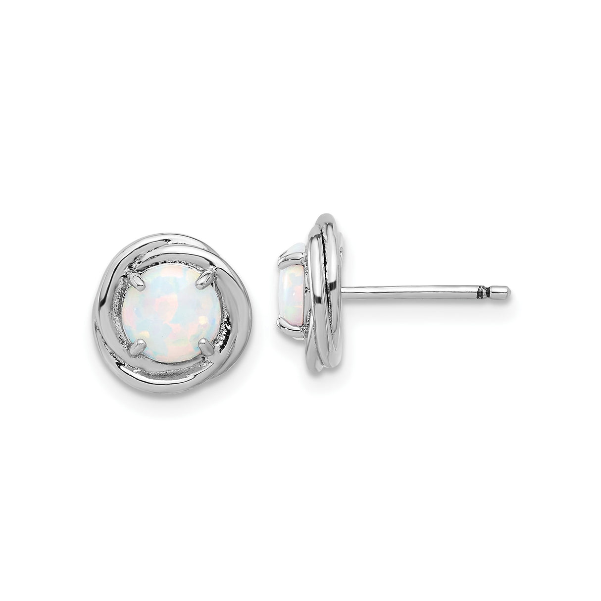 Sterling Silver Opal Stud Earrings with Round White Gemstone in Twisted Bezel Setting