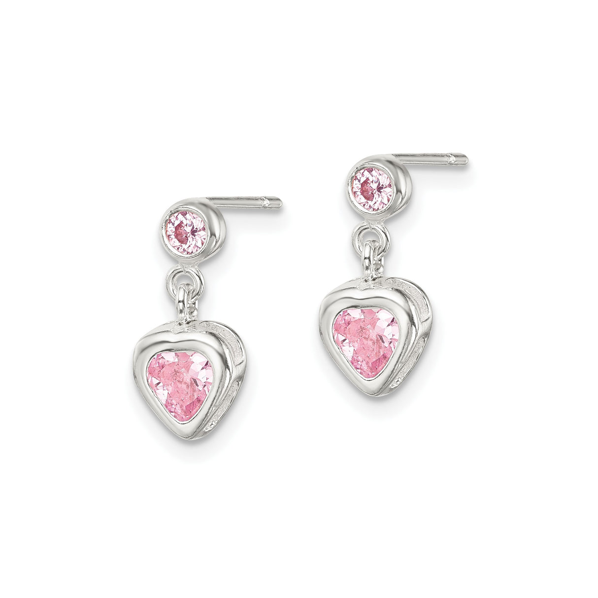 Sterling Silver Dangle Earrings with Pink Heart and Round Cubic Zirconia Stones