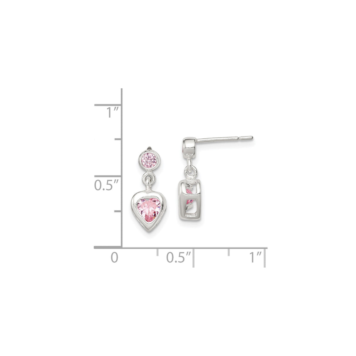 Sterling Silver Dangle Earrings with Pink Heart and Round Cubic Zirconia Stones
