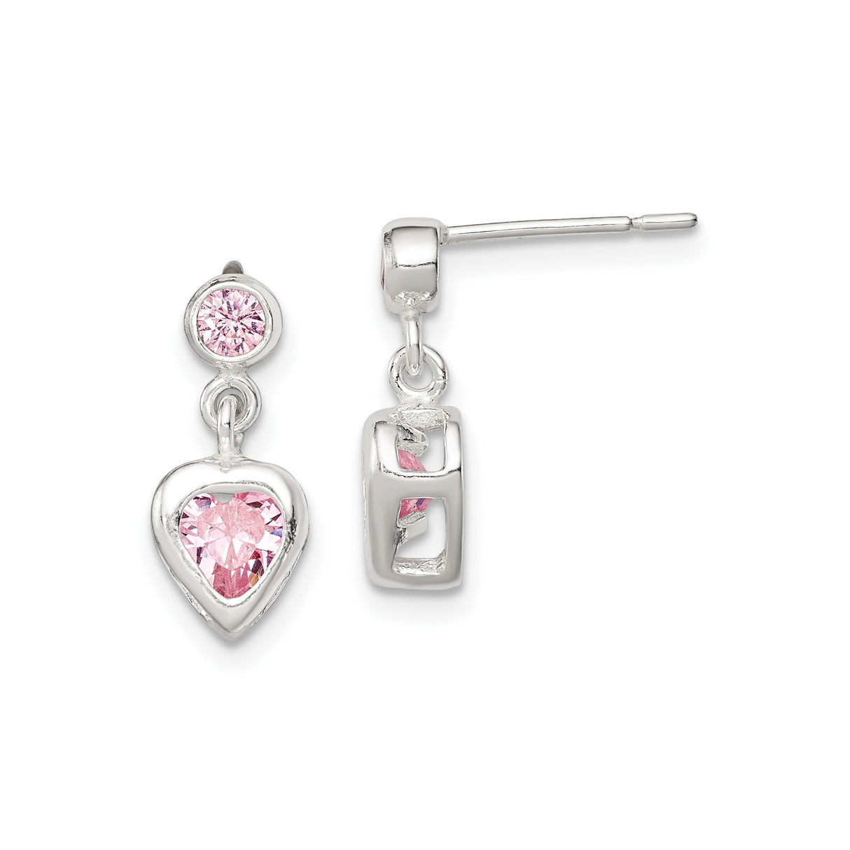 Sterling Silver Dangle Earrings with Pink Heart and Round Cubic Zirconia Stones