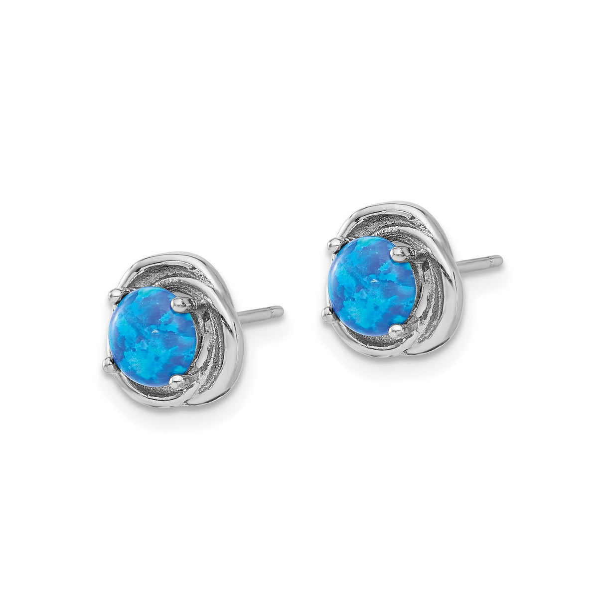Sterling Silver Earrings with Created Blue Opal, Swirl Design Round Bezel Studs for Women