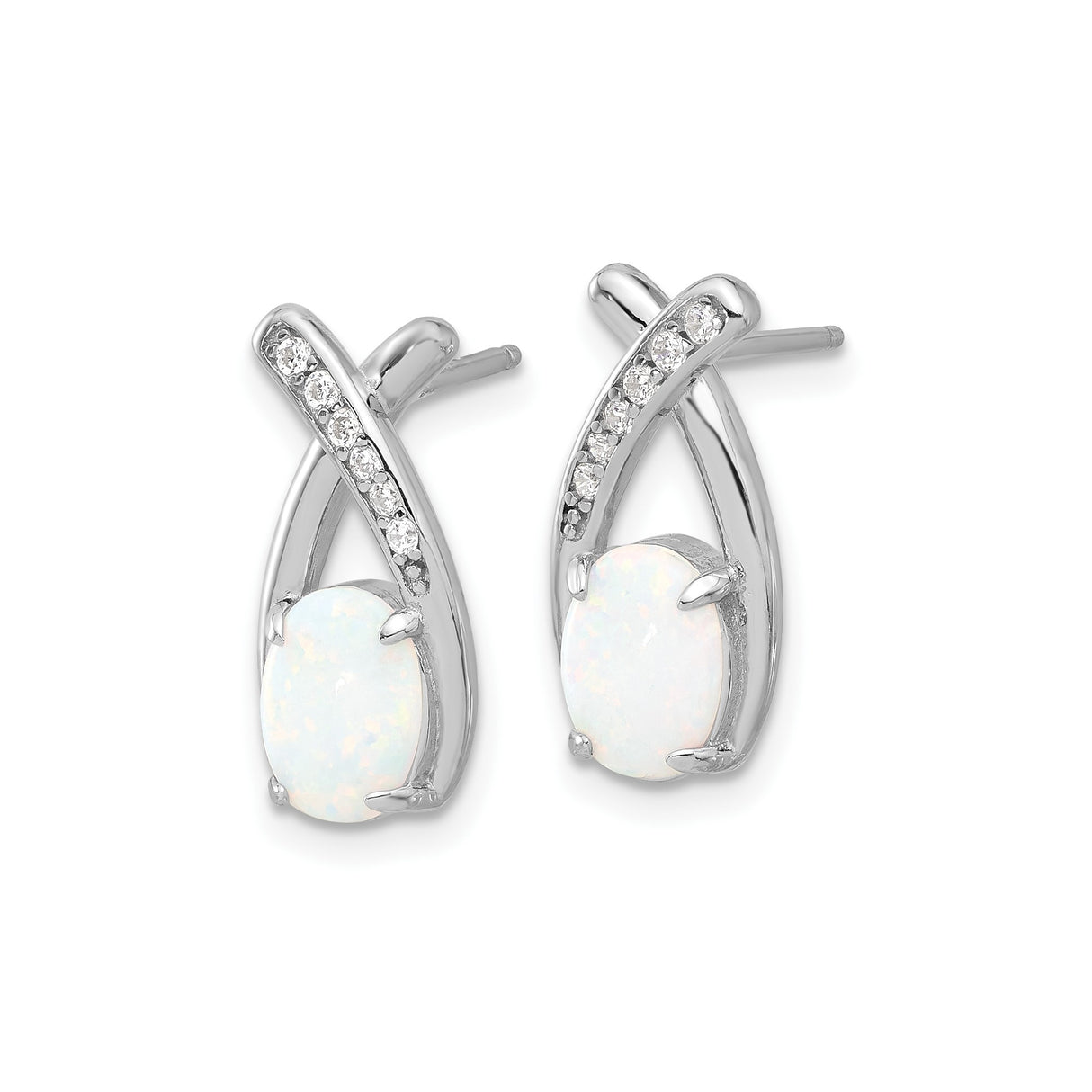 Sterling Silver Stud Earrings with Oval Created Opal and Cubic Zirconia Crossover Design