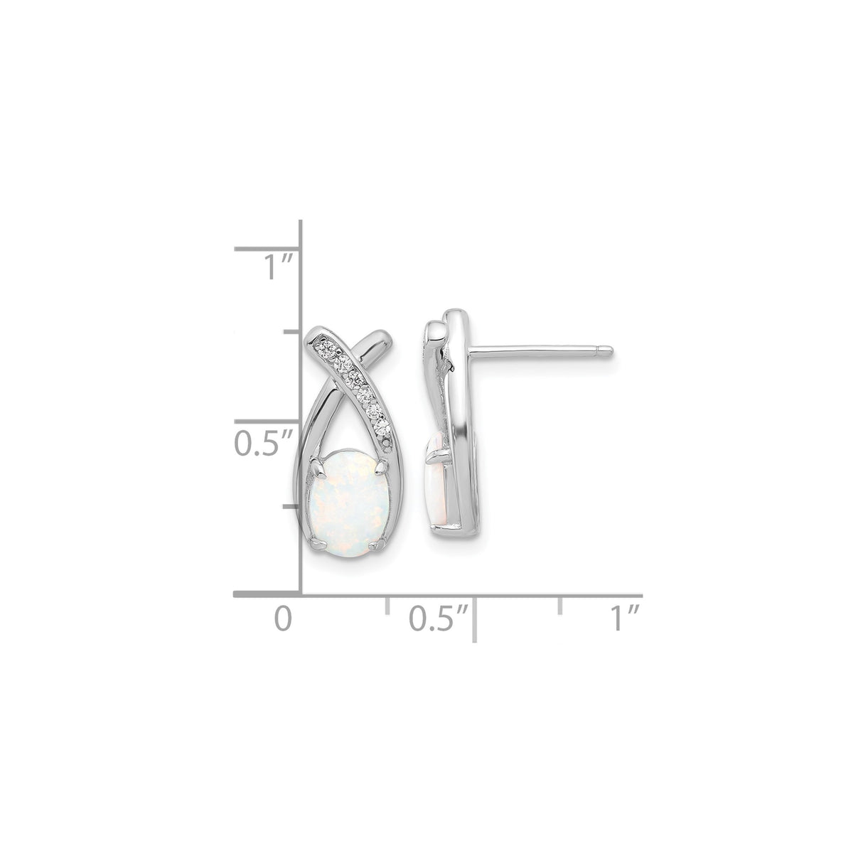 Sterling Silver Stud Earrings with Oval Created Opal and Cubic Zirconia Crossover Design
