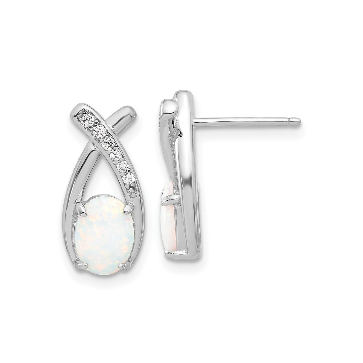 Sterling Silver Stud Earrings with Oval Created Opal and Cubic Zirconia Crossover Design