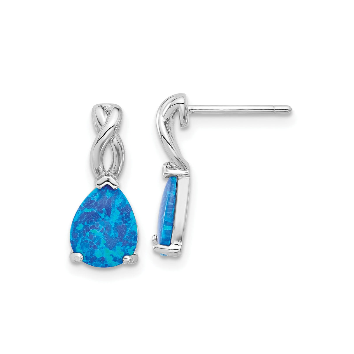 Sterling Silver Drop Earrings with Created Blue Opal, Infinity Twist Teardrop Design