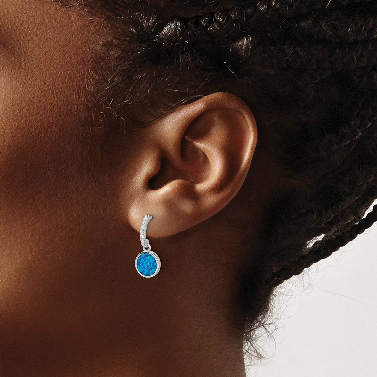 Sterling Silver Dangle Earrings with Blue Green Created Opal and Cubic Zirconia Hoops