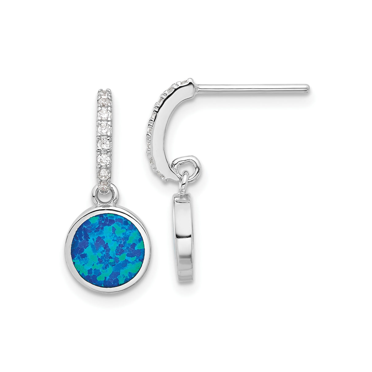 Sterling Silver Dangle Earrings with Blue Green Created Opal and Cubic Zirconia Hoops
