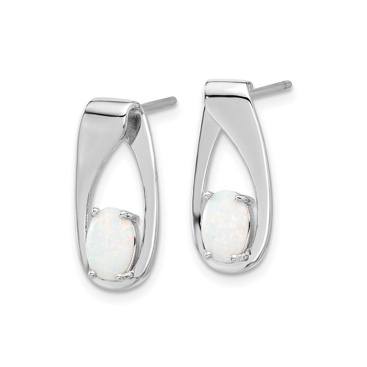 Sterling Silver Stud Earrings with Created Opal, Oval Cabochon in Open Marquise Design