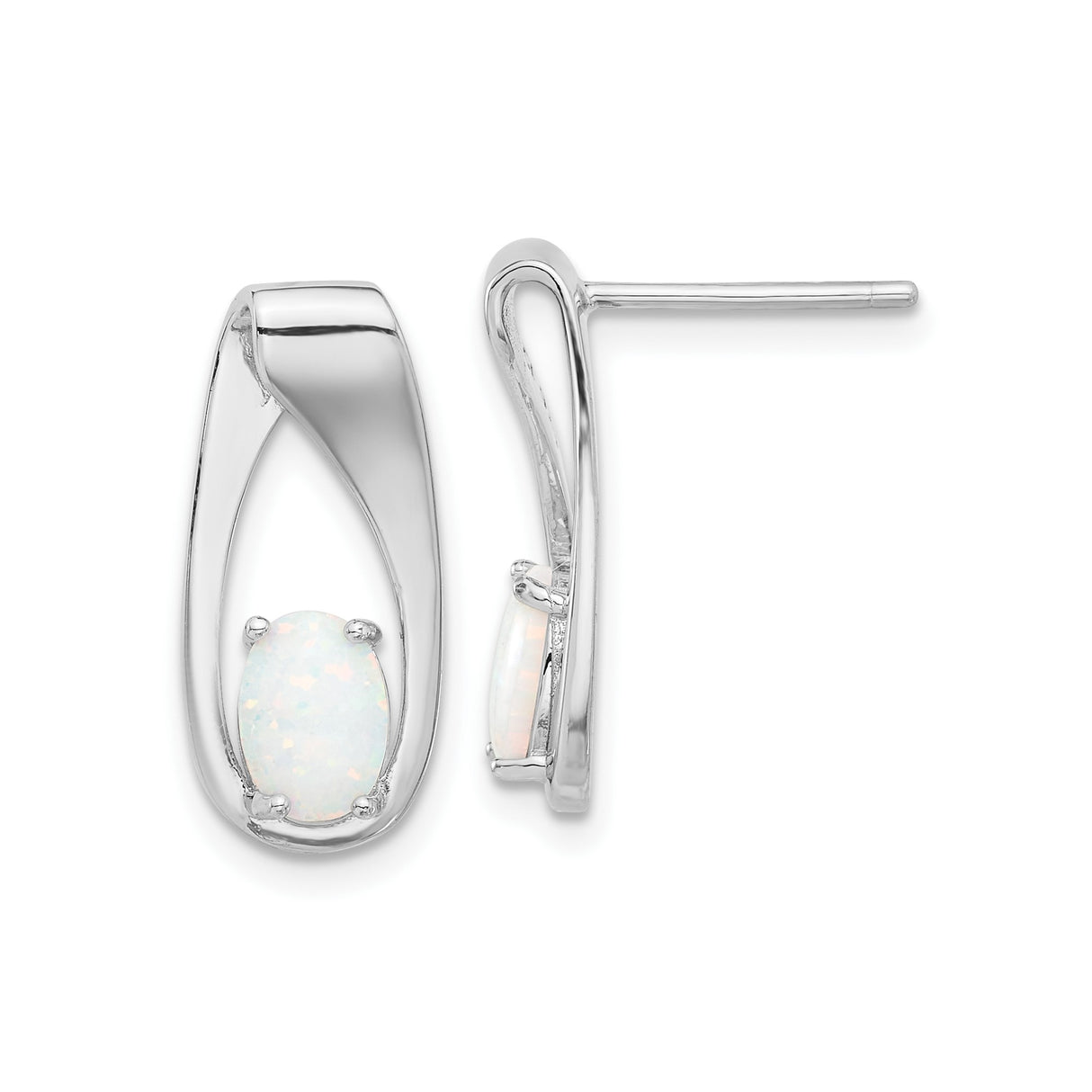 Sterling Silver Stud Earrings with Created Opal, Oval Cabochon in Open Marquise Design