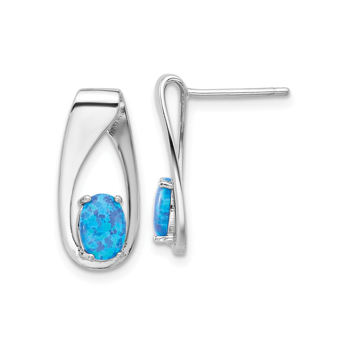 Sterling Silver Dangle Earrings with Oval Cut Created Blue Opal, Sleek Twist Design