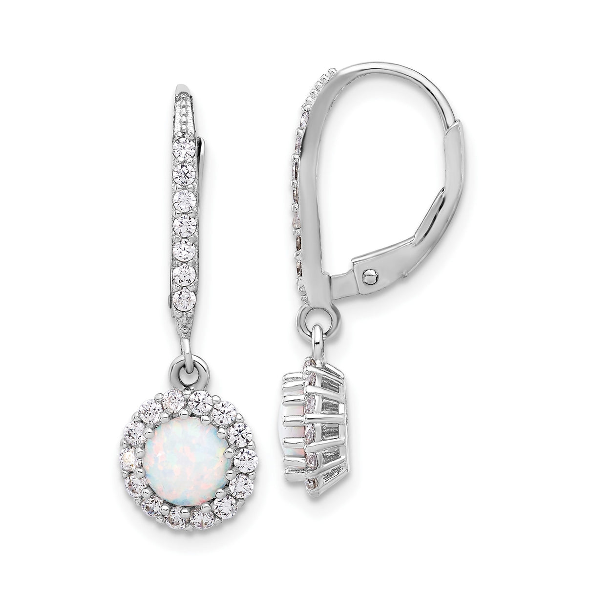 Sterling Silver Drop Earrings with Created Opal and Cubic Zirconia Halo Leverback Design