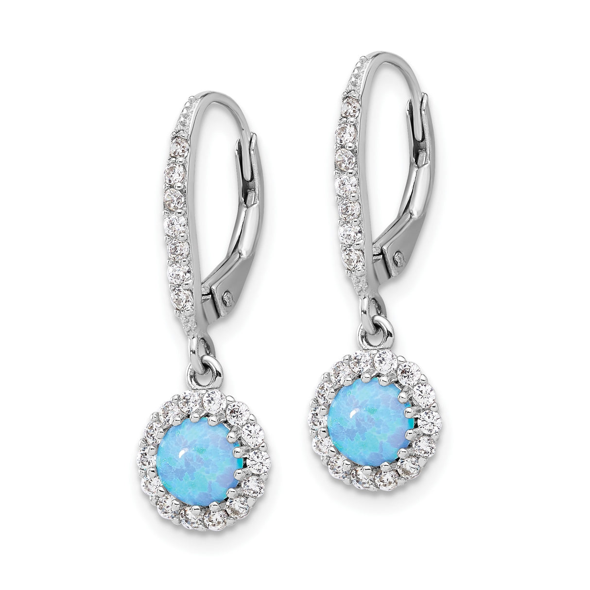Sterling Silver Dangle Earrings with Round Blue Created Opal and Cubic Zirconia Halo