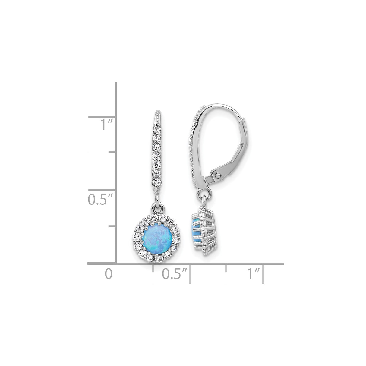 Sterling Silver Dangle Earrings with Round Blue Created Opal and Cubic Zirconia Halo