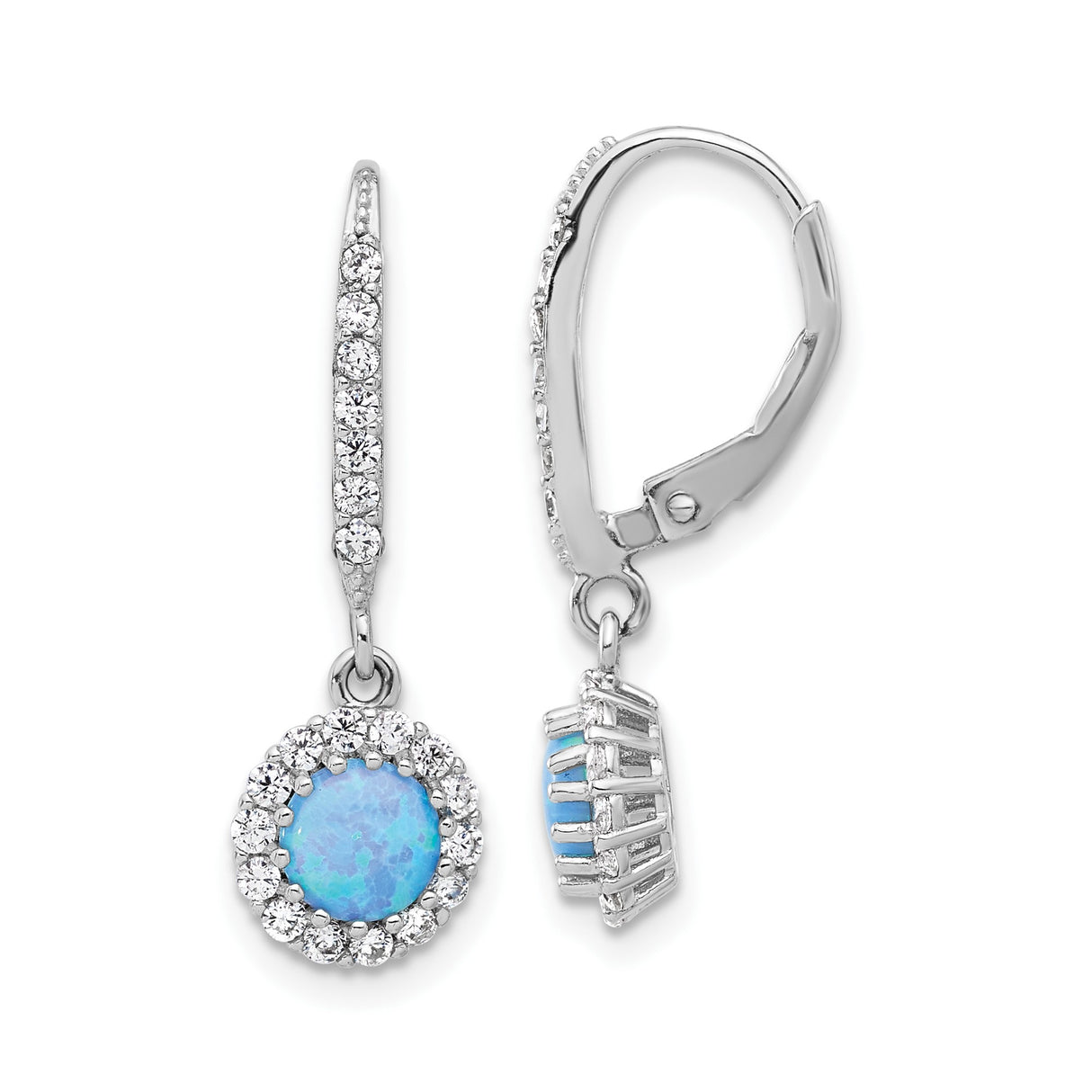 Sterling Silver Dangle Earrings with Round Blue Created Opal and Cubic Zirconia Halo