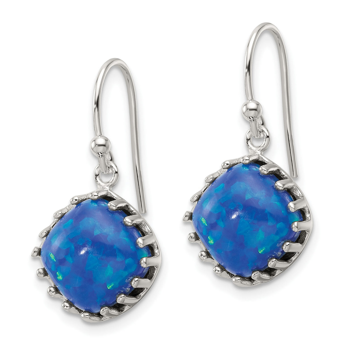 Sterling Silver Drop Earrings with Cushion Cut Blue Opal, Claw Setting, Modern Dangle Design