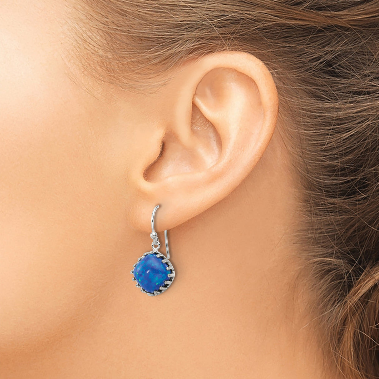 Sterling Silver Drop Earrings with Cushion Cut Blue Opal, Claw Setting, Modern Dangle Design