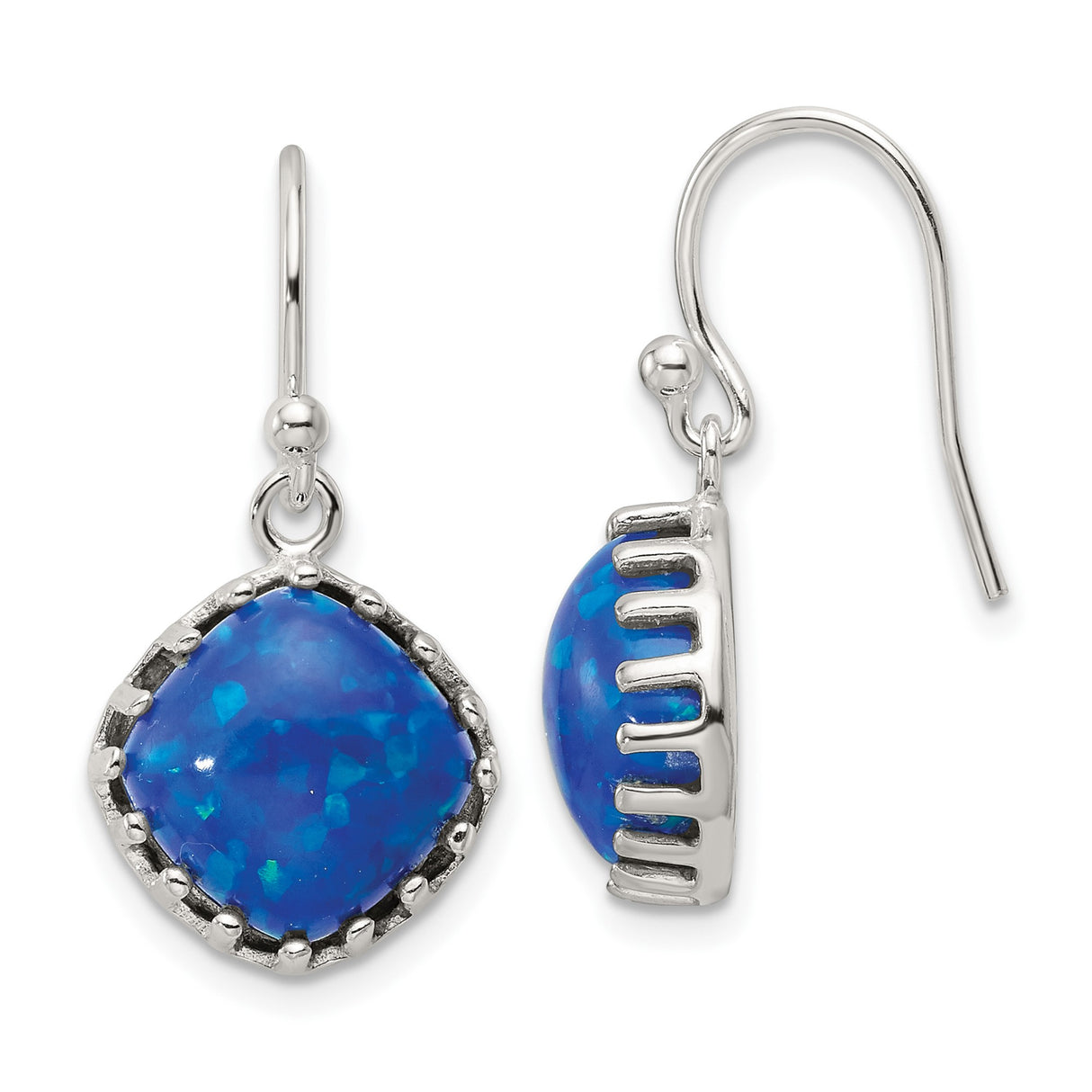 Sterling Silver Drop Earrings with Cushion Cut Blue Opal, Claw Setting, Modern Dangle Design