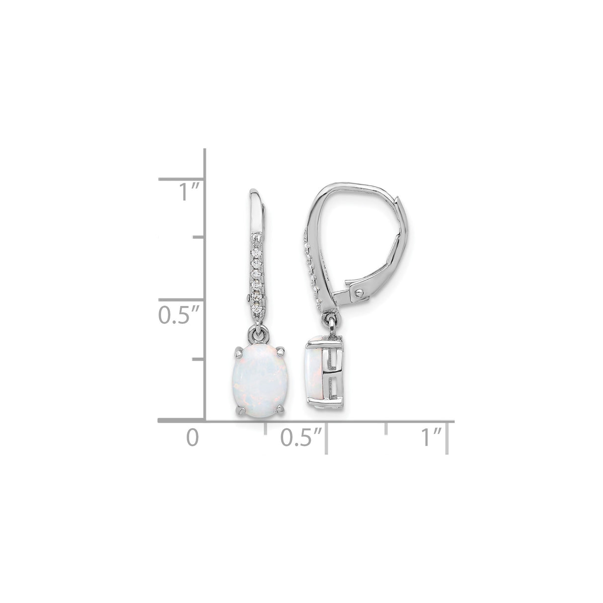 Sterling Silver Drop Earrings with White Created Opal and Cubic Zirconia, Leverback Dangle Design