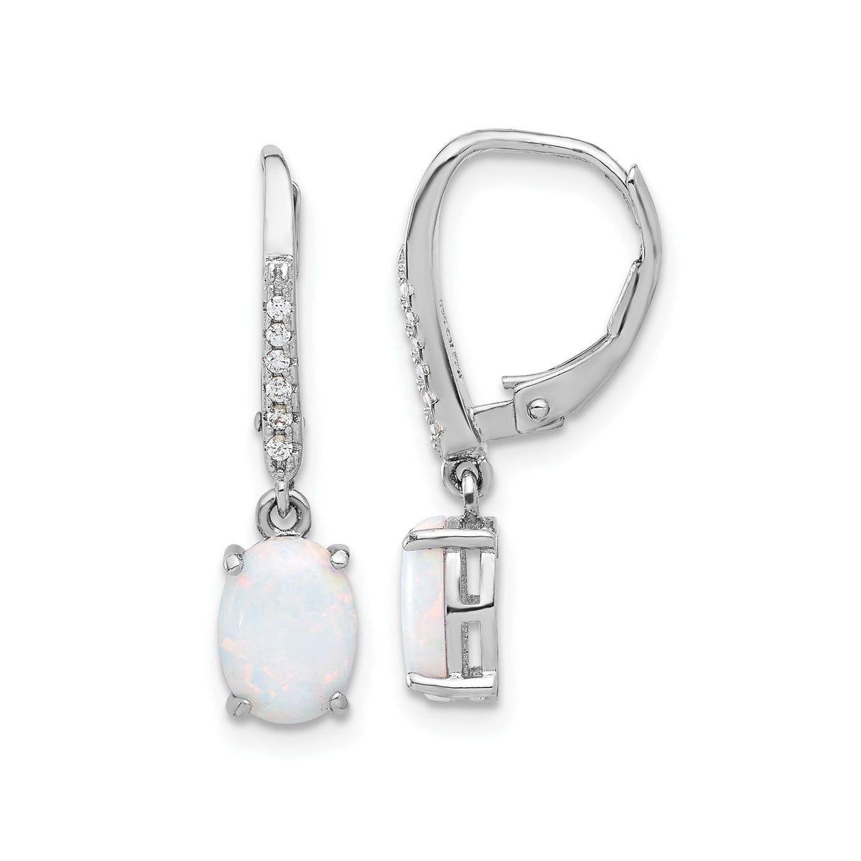 Sterling Silver Drop Earrings with White Created Opal and Cubic Zirconia, Leverback Dangle Design