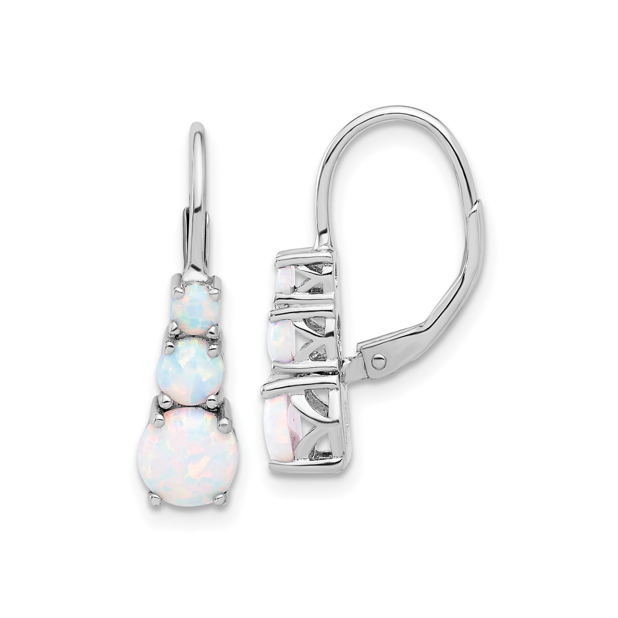 Sterling Silver Drop Earrings with Created White Opals, Three-Stone Prong Setting, Leverback Style