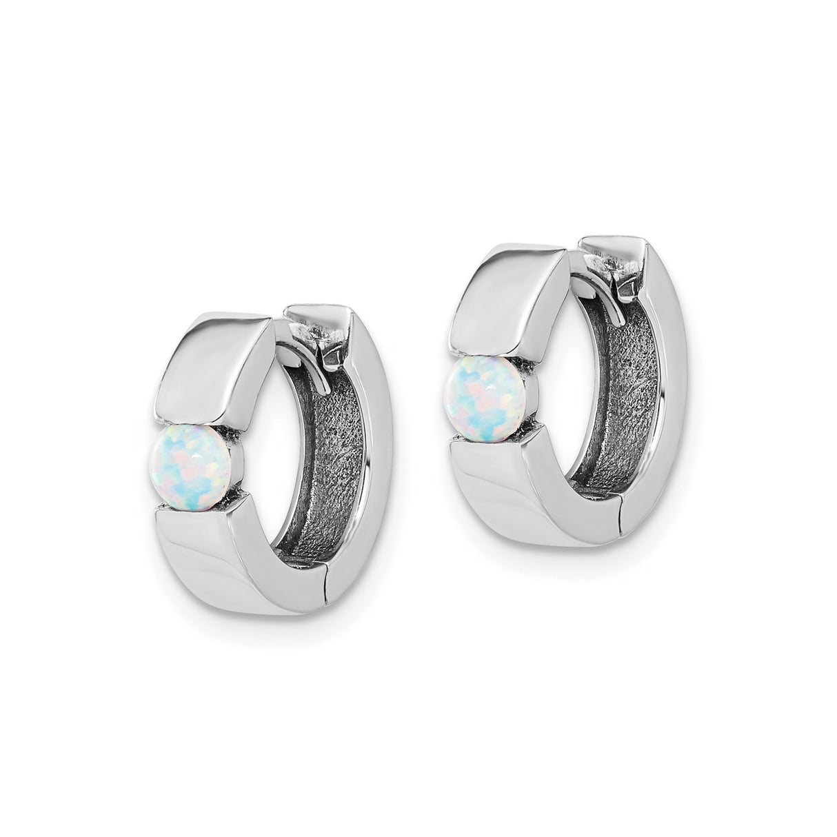 Sterling Silver Huggie Hoop Earrings with Created Opal Inlay, Minimalist Iridescent Design