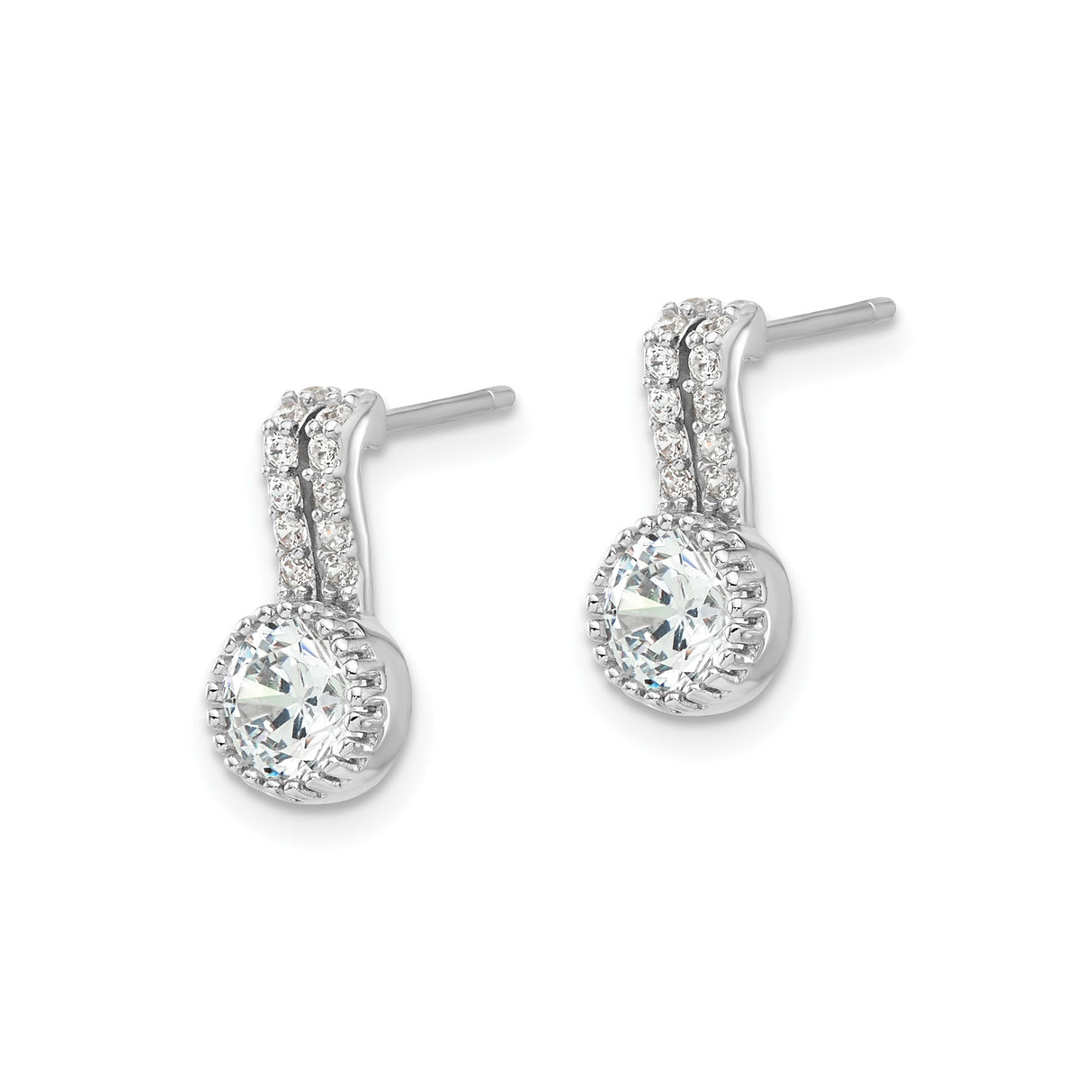 Sterling Silver Drop Earrings with Round Cut Cubic Zirconia and Double Row Accents