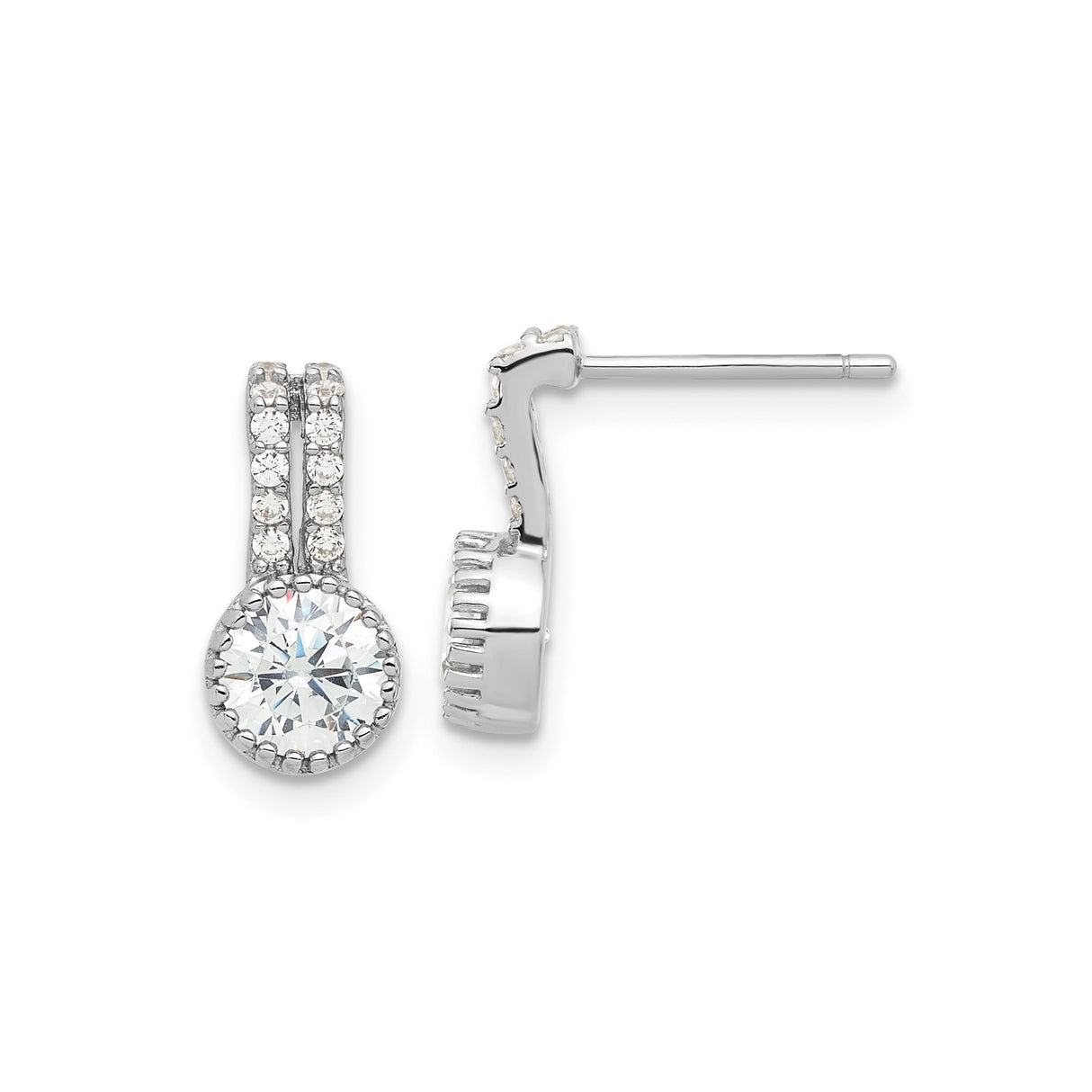 Sterling Silver Drop Earrings with Round Cut Cubic Zirconia and Double Row Accents