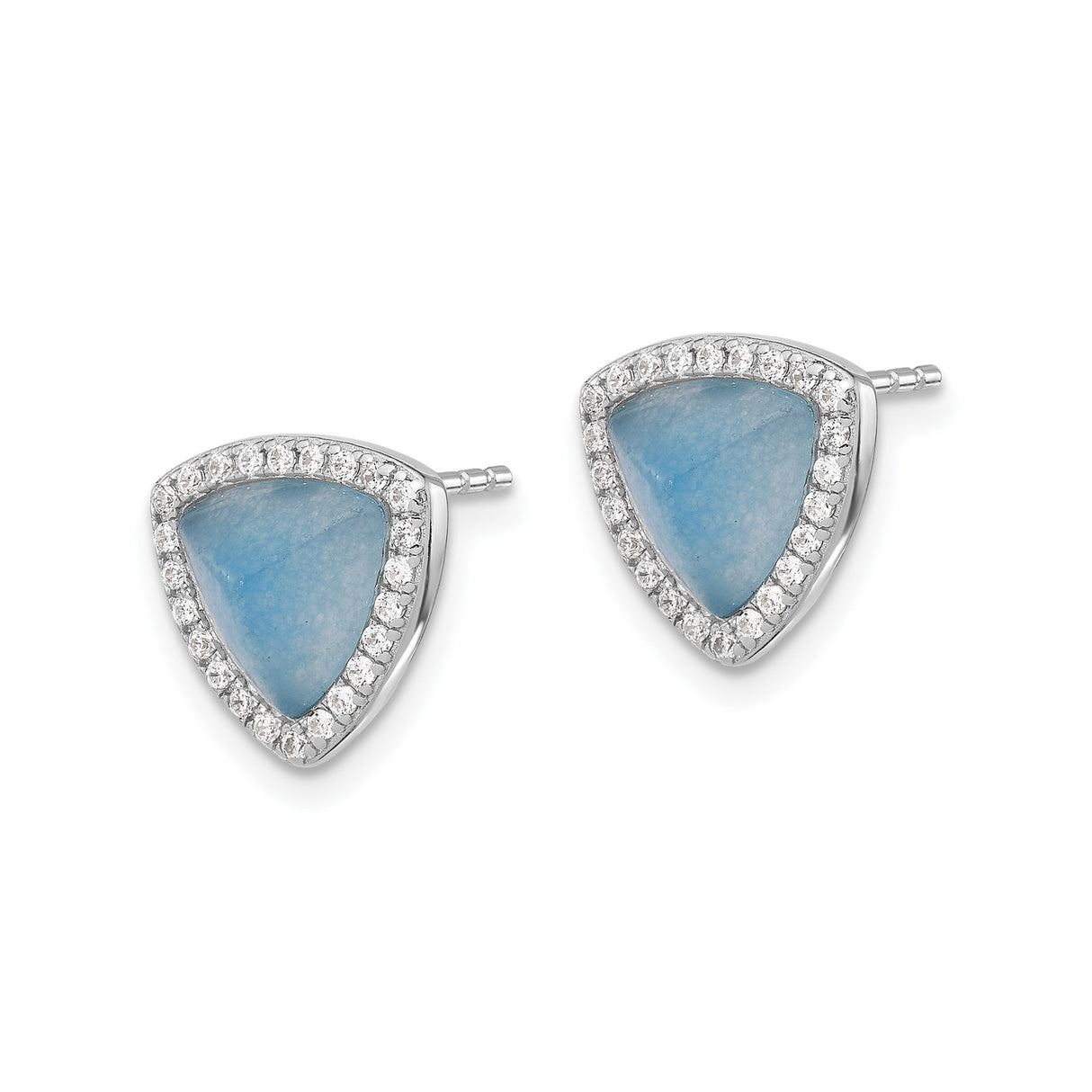 Sterling Silver Triangle Stud Earrings with Light Blue Chalcedony and Cubic Zirconia Halo