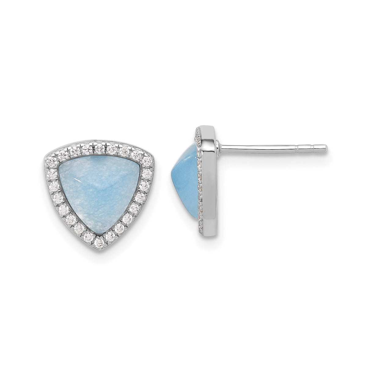 Sterling Silver Triangle Stud Earrings with Light Blue Chalcedony and Cubic Zirconia Halo