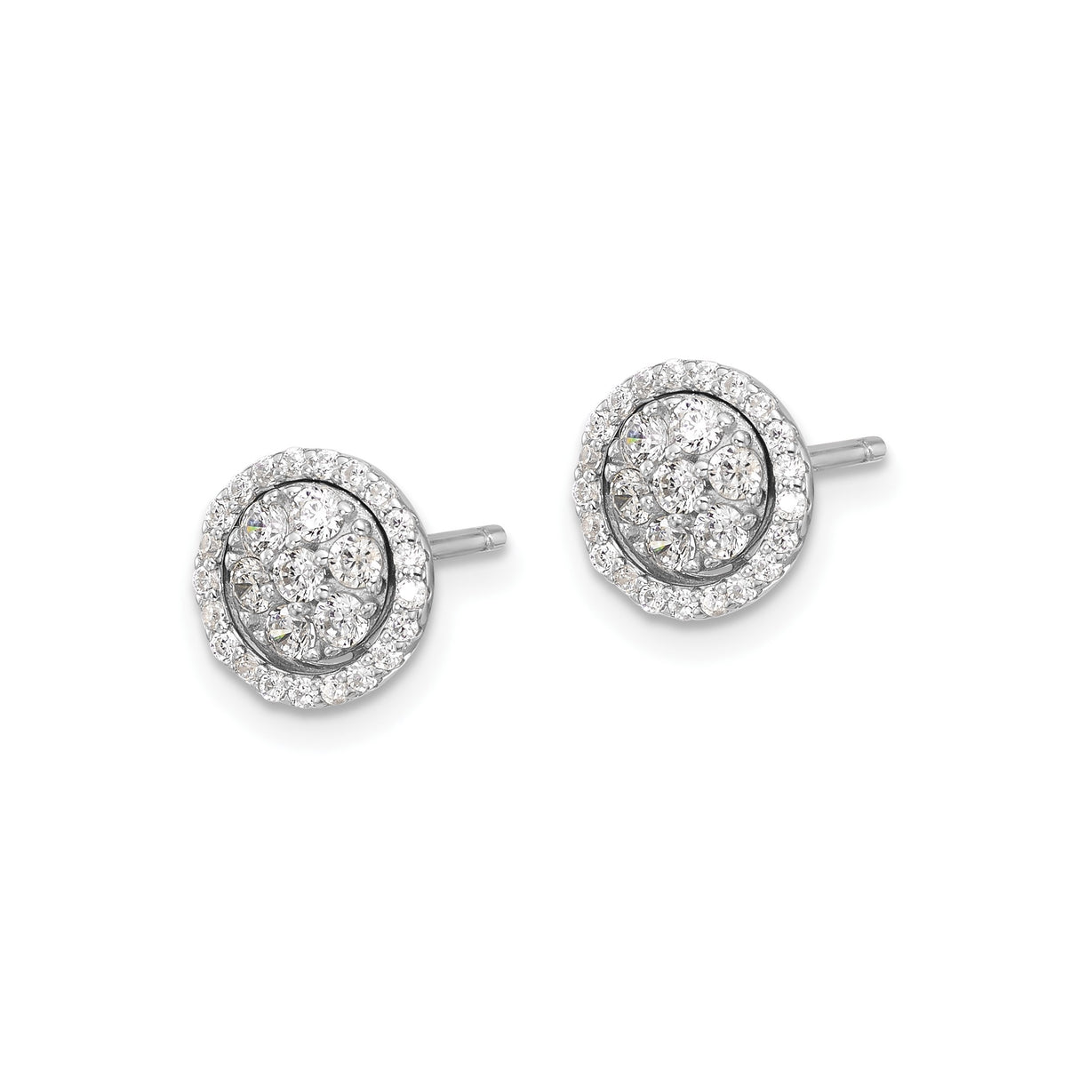 Sterling Silver Stud Earrings with Cubic Zirconia Double Halo in Floral Pattern