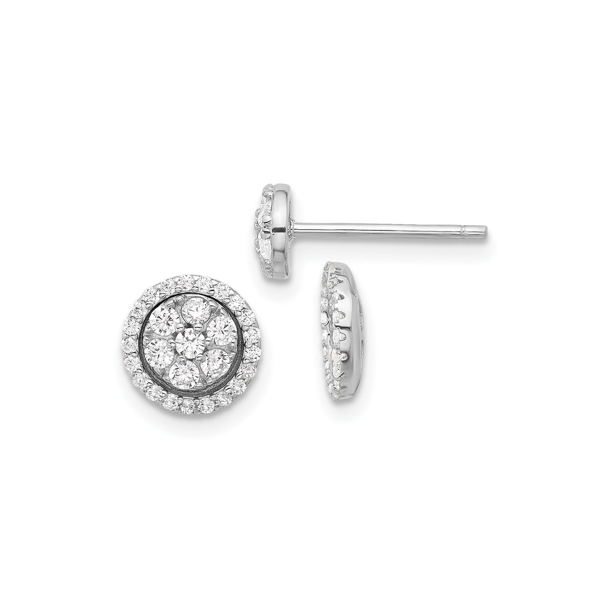 Sterling Silver Stud Earrings with Cubic Zirconia Double Halo in Floral Pattern