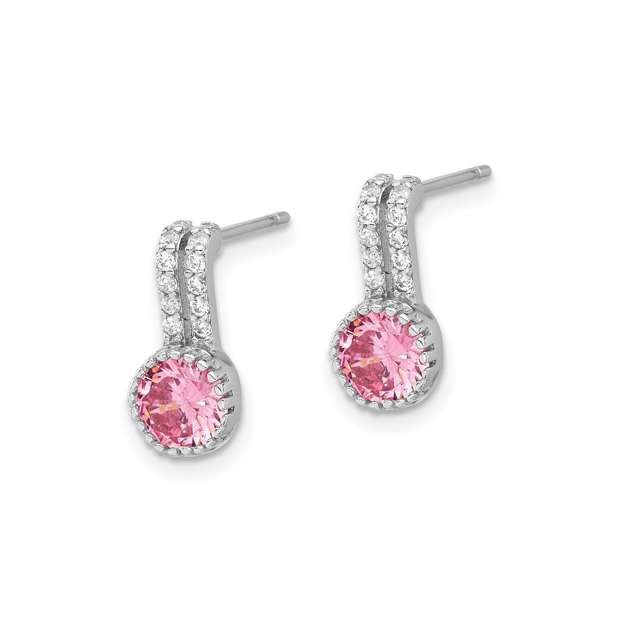 Sterling Silver Stud Earrings with Pink Cubic Zirconia Center and Clear Halo in Split-Bar Setting