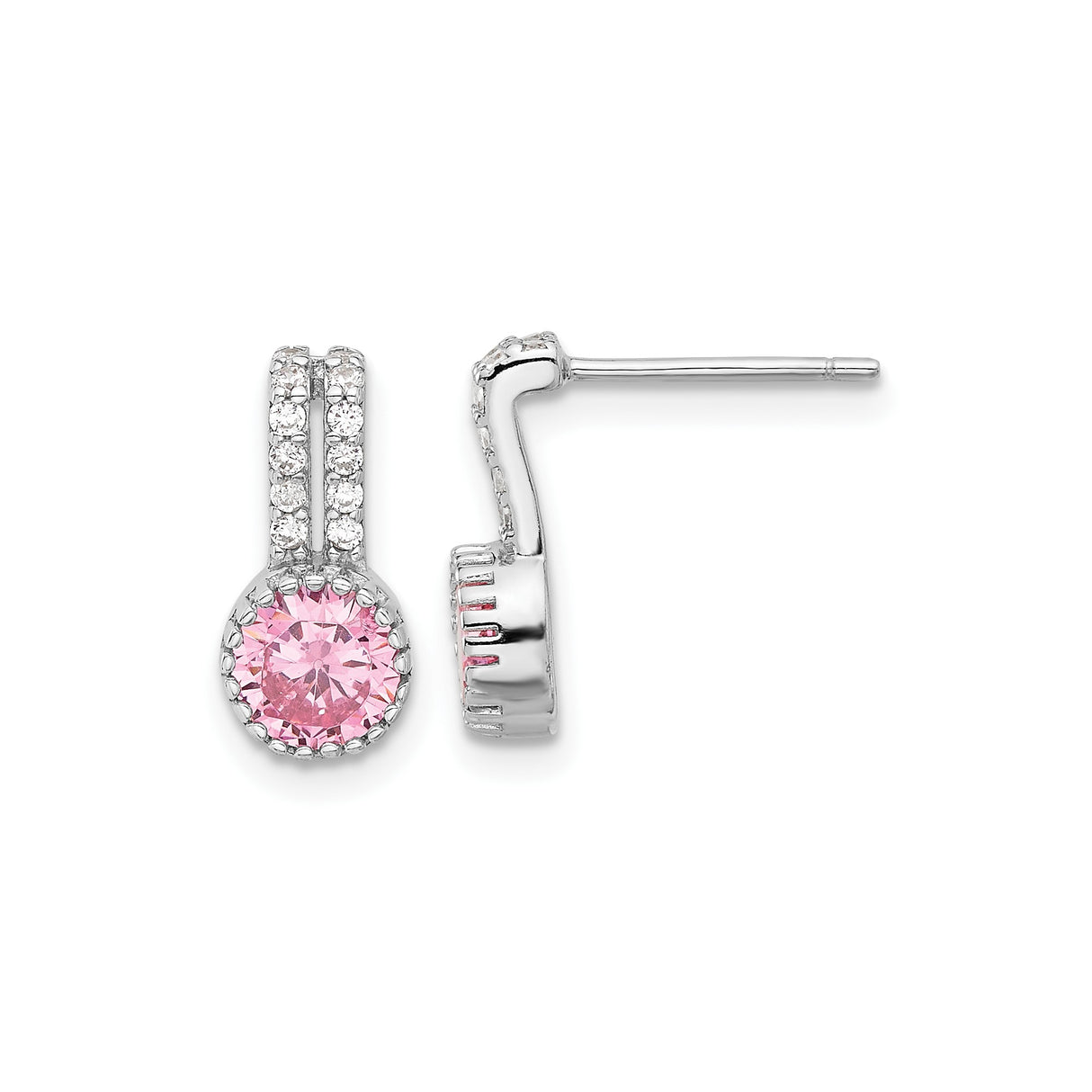 Sterling Silver Stud Earrings with Pink Cubic Zirconia Center and Clear Halo in Split-Bar Setting