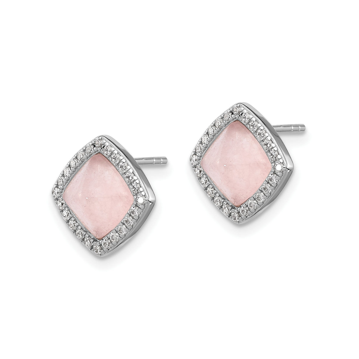 Sterling Silver Stud Earrings with Cushion Cut Pink Quartz and Cubic Zirconia Halo