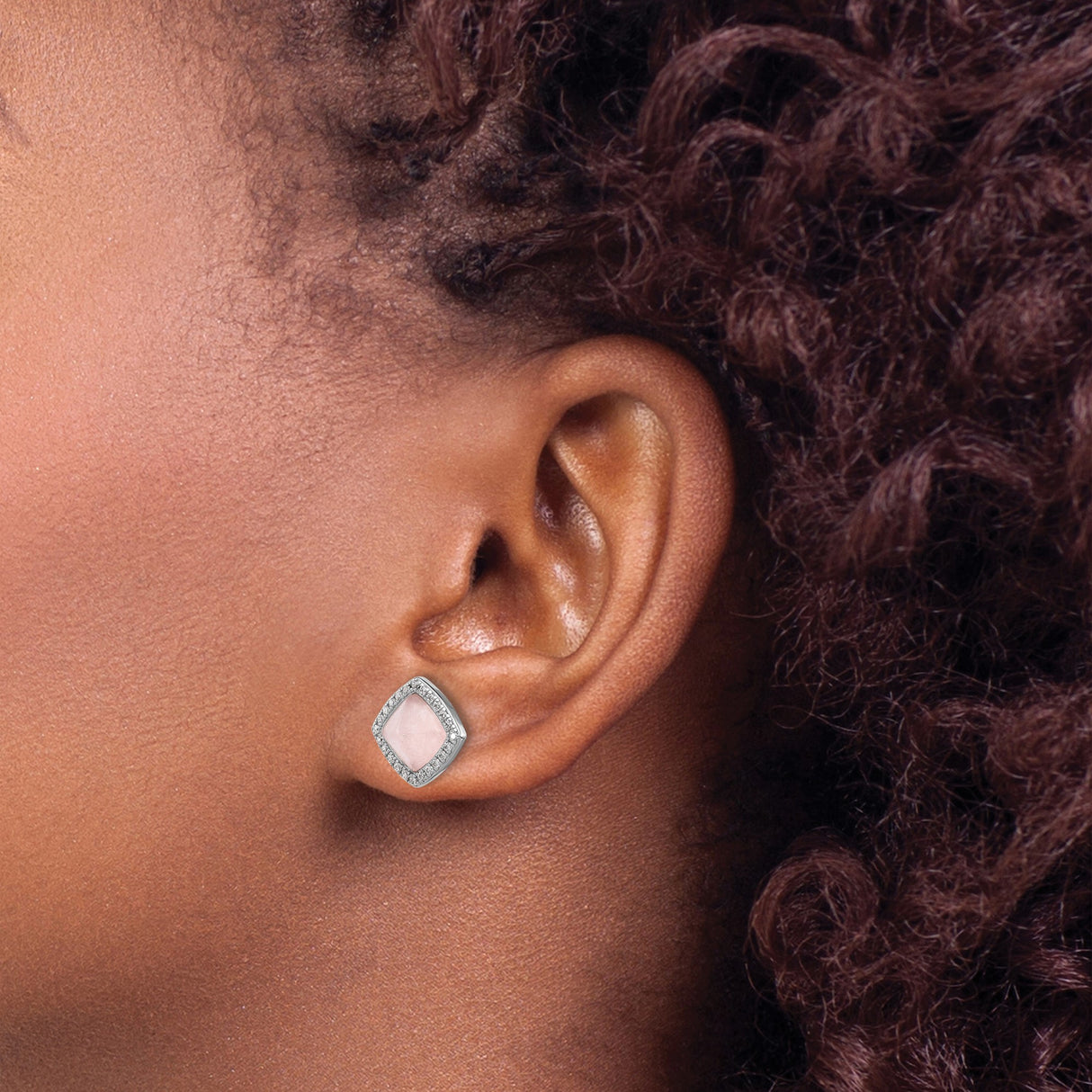 Sterling Silver Stud Earrings with Cushion Cut Pink Quartz and Cubic Zirconia Halo